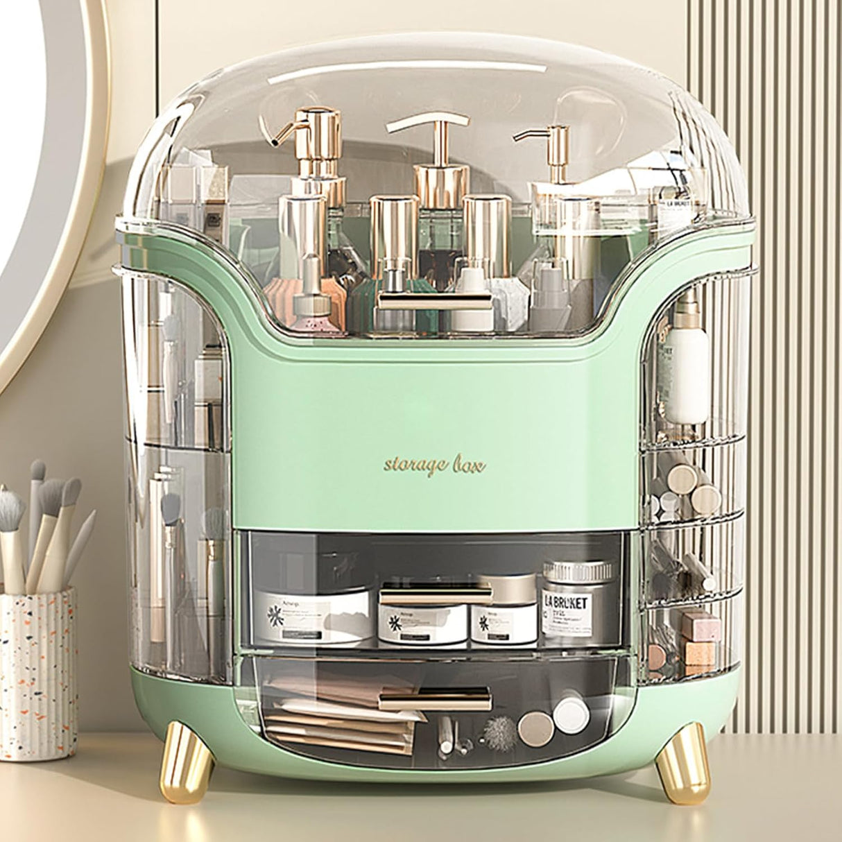 Makeup Storage Organiser with Clear Lid, Skincare Organiser Drawers Beauty Holder Cosmetic Organisers for Bathroom, DressingTable Organiser Dustproof Waterproof (Light Green).