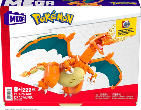 MEGA Pokémon Action Figure, Charizard Pokemon, Building Toys for Kids and Adults, Collectible Character Model with 222 Pieces and Poke Ball Pin, 10 cm Tall, Toy for Ages 8 and Up, GWY77.