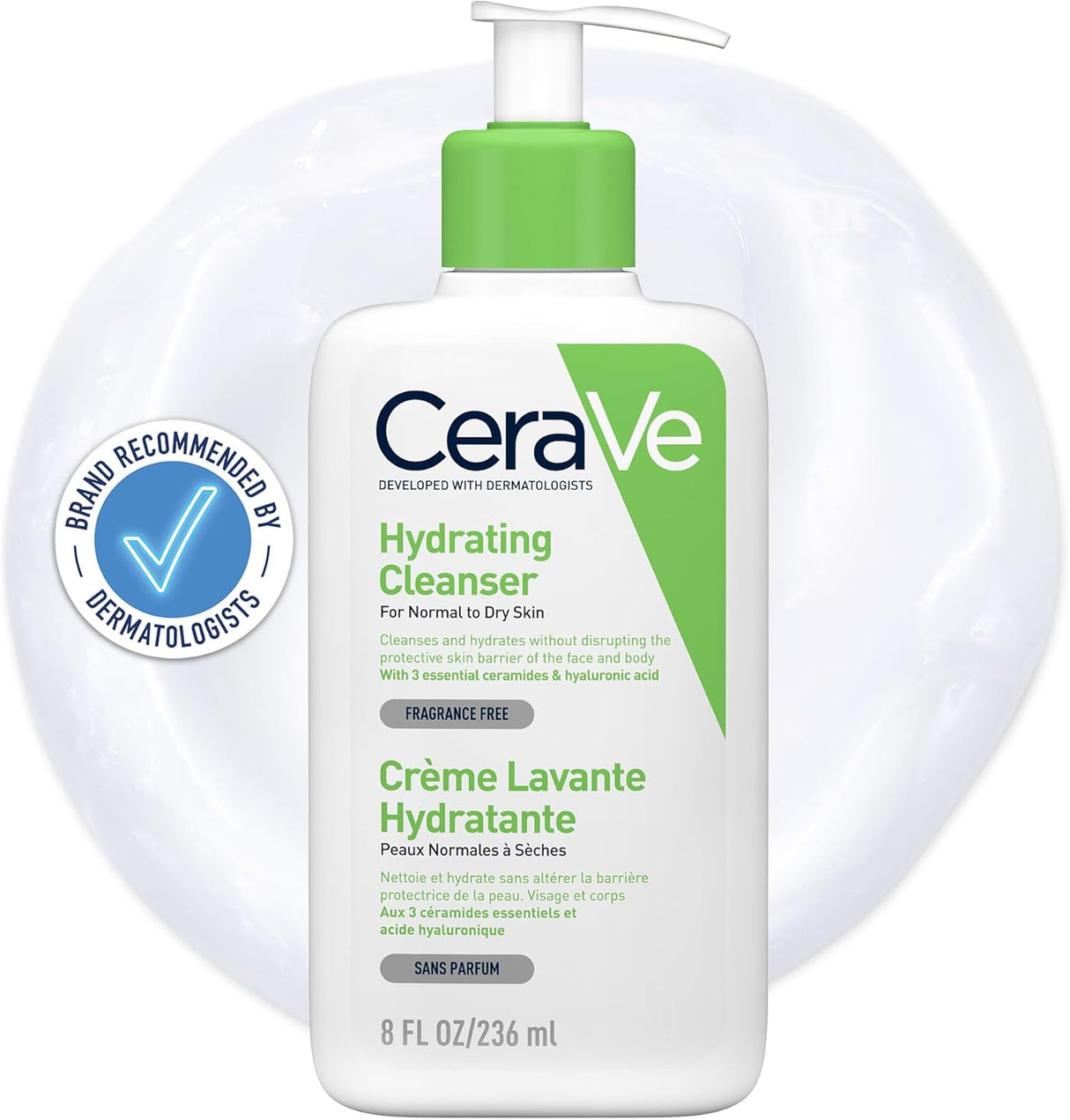 CeraVe Hydrating Cleanser for Normal to Dry Skin 236 ml with Hyaluronic Acid and 3 Essential Ceramides.