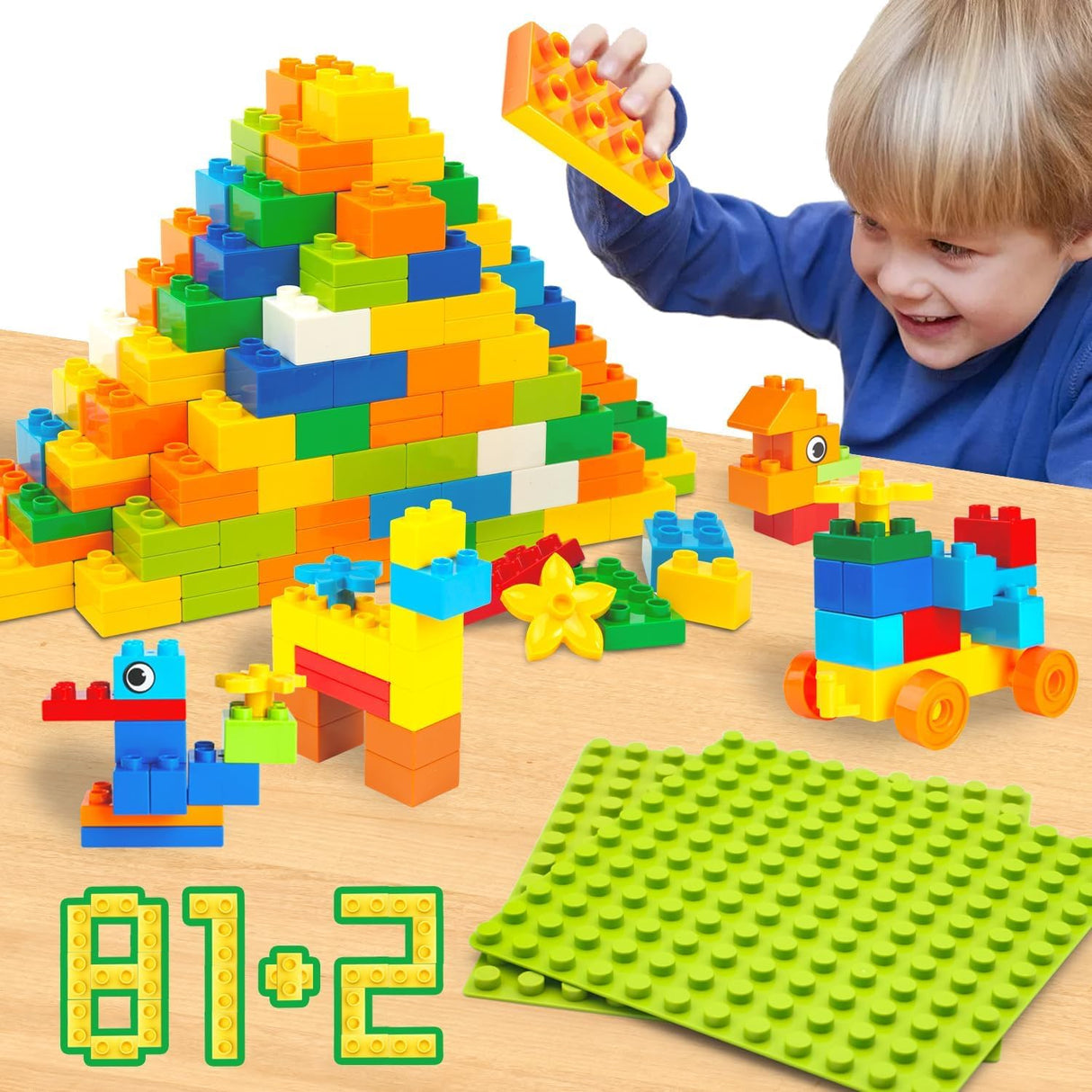 WYSWYG Classic Big Building Block Set, Large 81 Pieces Building Bricks and 2 Base Plates, Compatible with All Major Brand Bulk Bricks, Toddler STEM Toys for Boys Girls Age 3 4 5 6 Years Old.