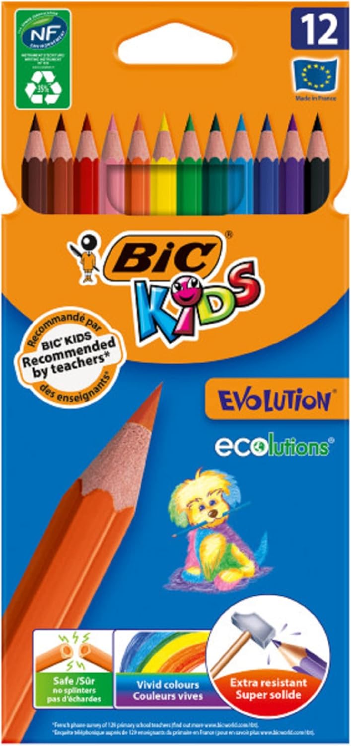 BIC Kids Evolution Coloured Pencils, Vivid Colouring Pencils, Easy to Sharpen, Extra Resistant BIC Pencils, School Supplies, 12 Pack.