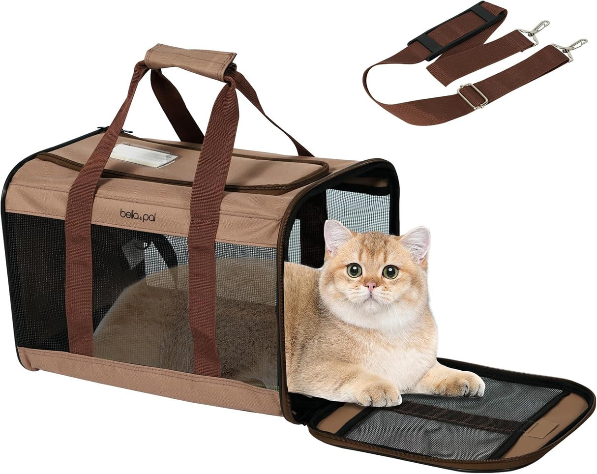 BELLA & PAL Portable Cat/Puppy Carrier Bag, Foldable Pet Travel Carriers with Scratch-Free Mesh, Escape-Proof Zipper, Travel Carrier for Dogs and Cats, with Shoulder Strap, Airline Approved, Brown, M