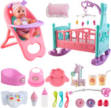 deAO ‘My First Baby Doll’ Play Set Includes Miniature Crib, High Chair, Feeding Accessories - 21 Pieces Toy Play Set (Baby Doll Included).