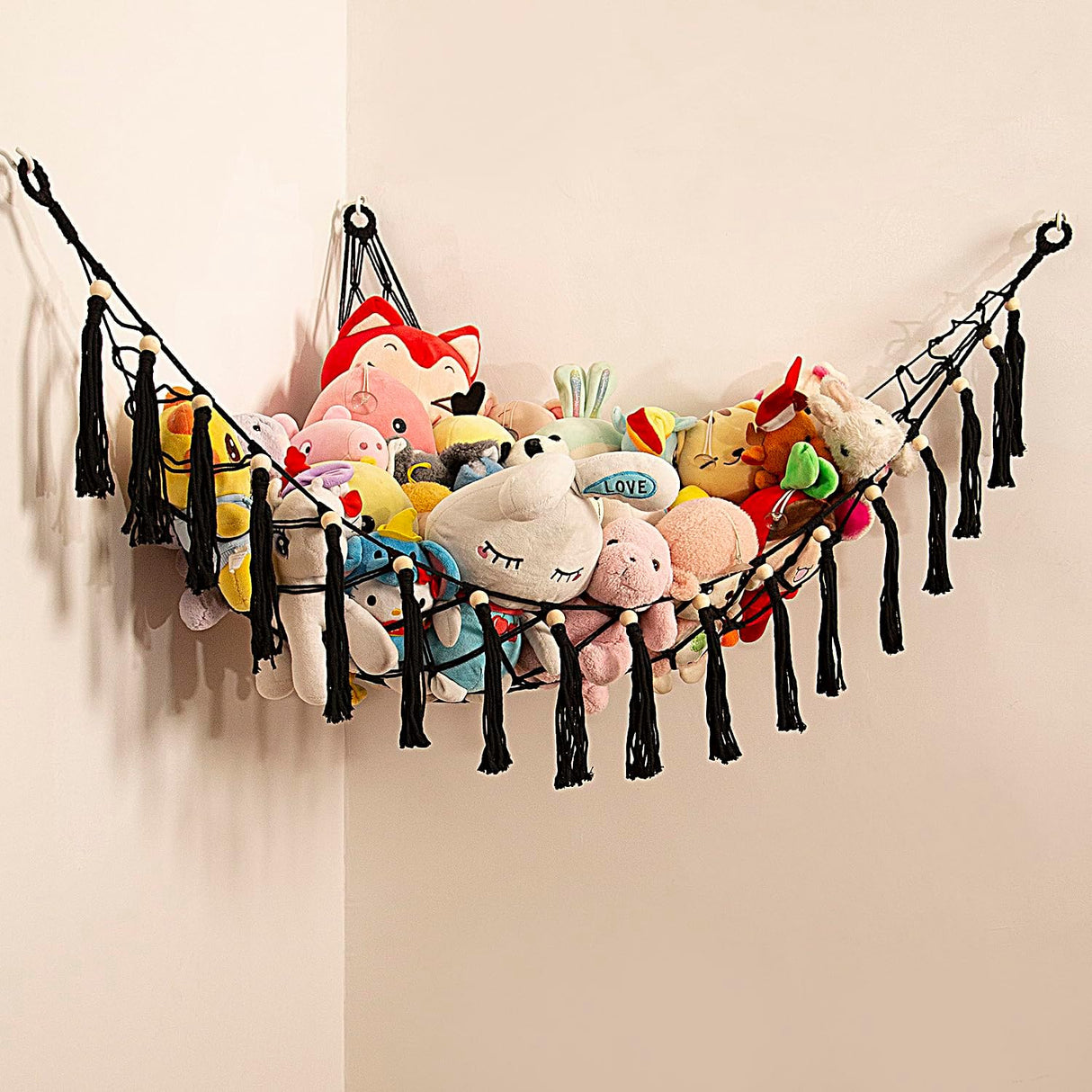 Teddy Hammock Toy Storage Hammock for Stuffed Animals Soft Toy Storage Net Boho Macrame Toy Holder Teddy Bear Storage -Cream.