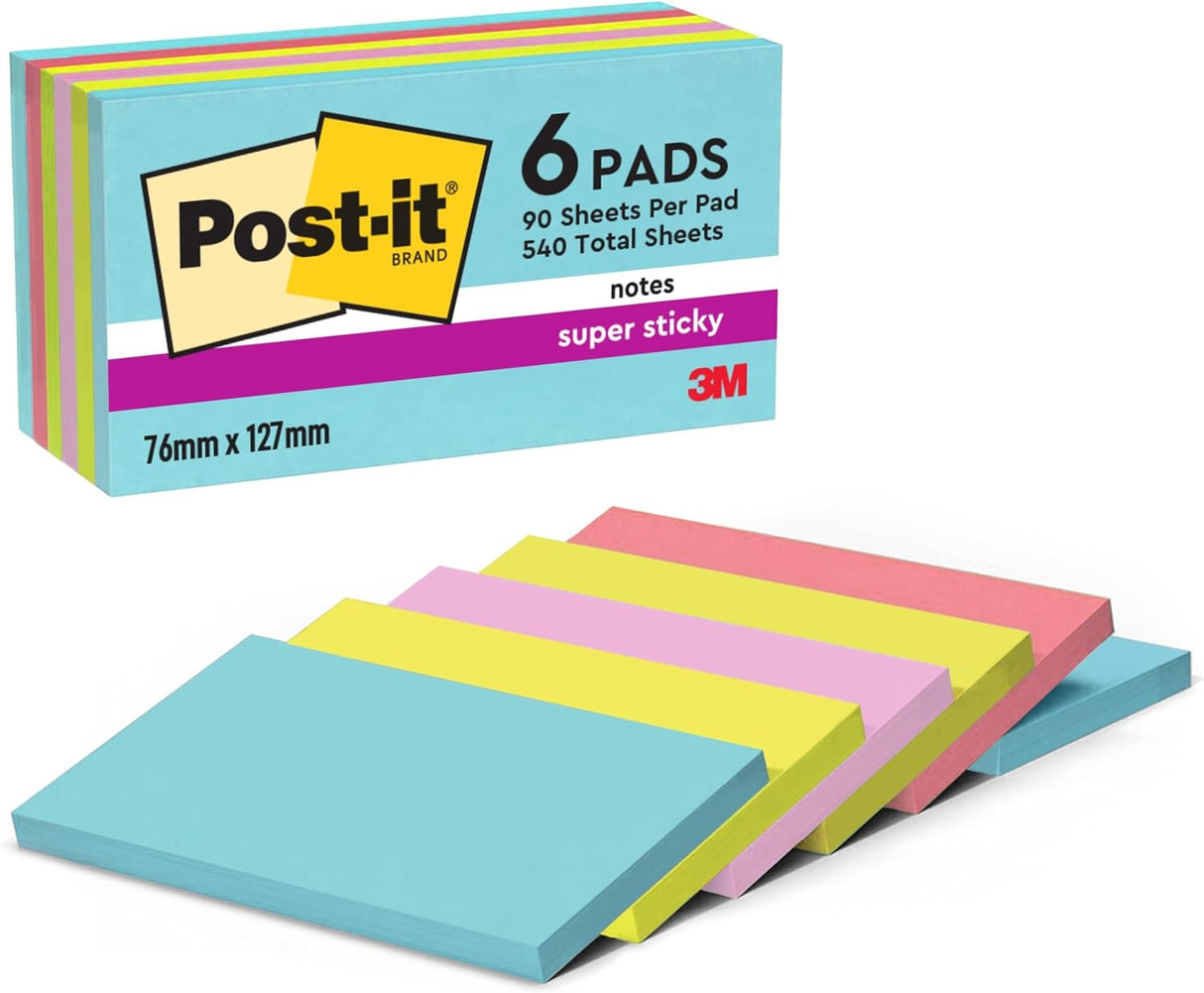 Post-it Super Sticky Notes, School and Office Supplies, Extra Sticking Notes for Boards, Monitors & Walls, 6 Pads in Pastel Colours, 540 Total Sheets, 76 mm x 127 mm