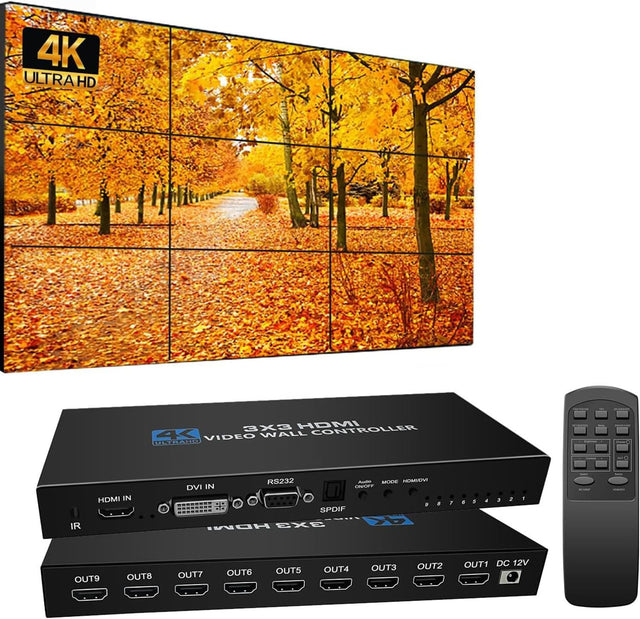 Video Wall Controller 3X3 4K TV Wall Controller 3x3 3x2 2x2 3x1 1x4 2x3 4x2 2x4, with Remote Control for 9 TV Splicing Support 180º Image Rotation.