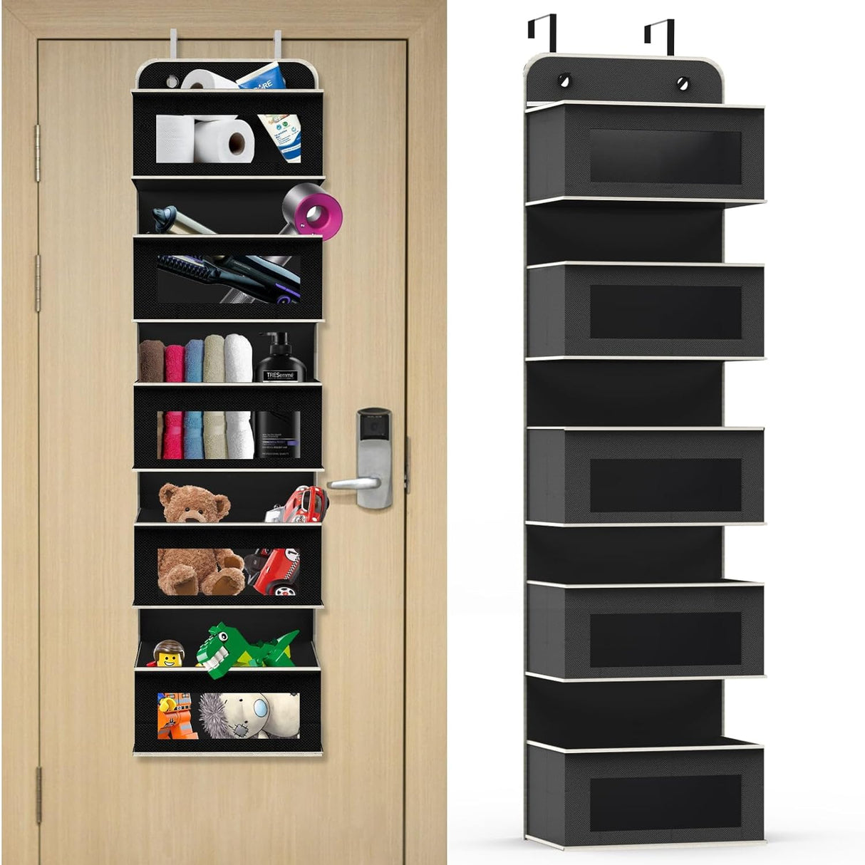 Aqash Over Door Storage Hanging Organiser - 5 Clear Window Pockets Organizer For Toys, Wallets And Towels, Grey (Grey).