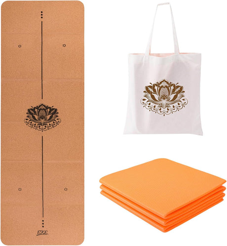 EKE Cork Folding Yoga Mat, 5mm Thickness, Standard Size, Foldable, Lightweight and Portable, Suitable for Yoga, Pilates, Fitness, Sports, Training, Comes with Canvas Carry Bag Good Gift.