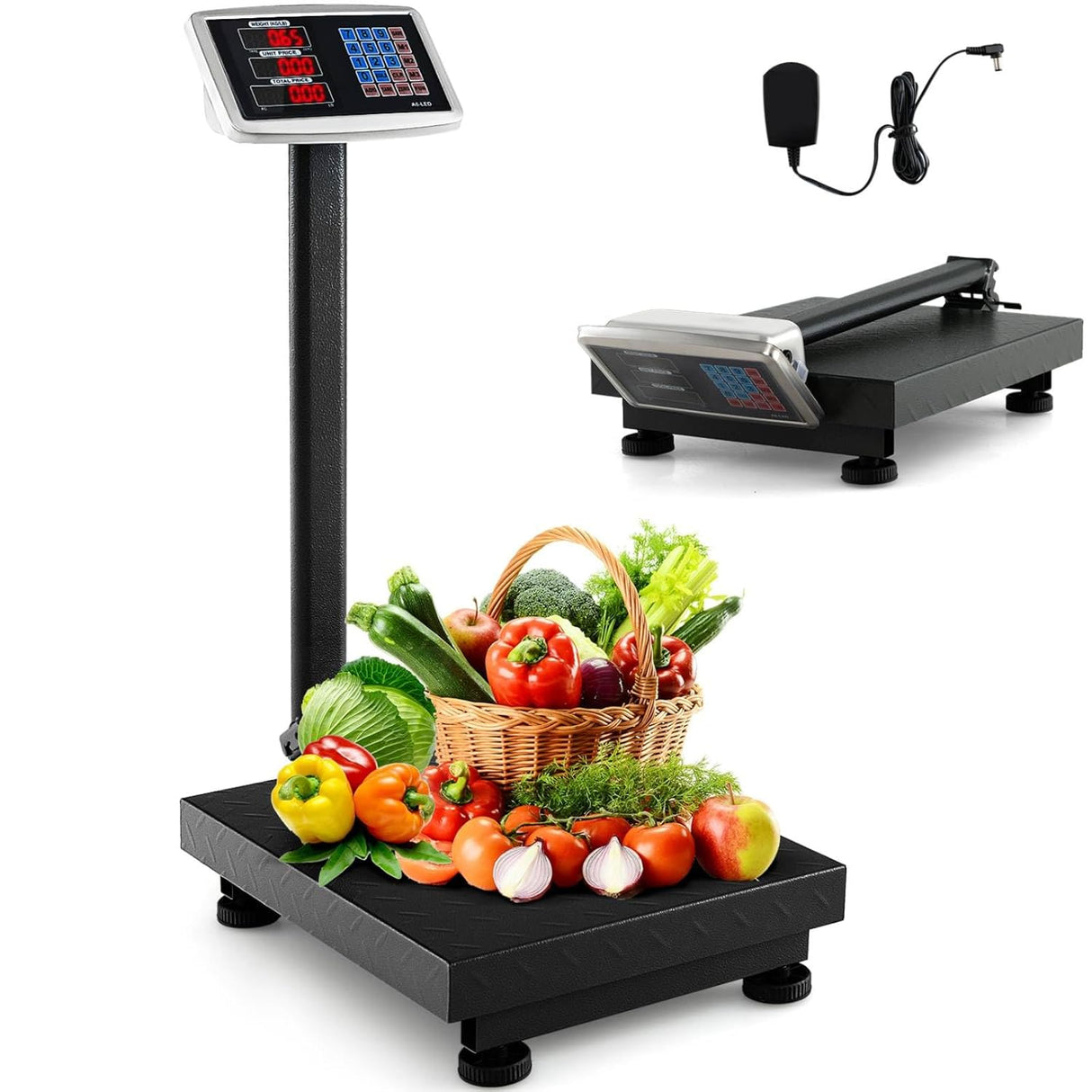 TANGZON Commercial Digital Postal Scale, 660 LBS Load Accuracy Electronic Computing Platform Scale with LED Display,LB/KG,Tare&Price Calculator, Folding Industrial Scales with Battery&Charging Cable.