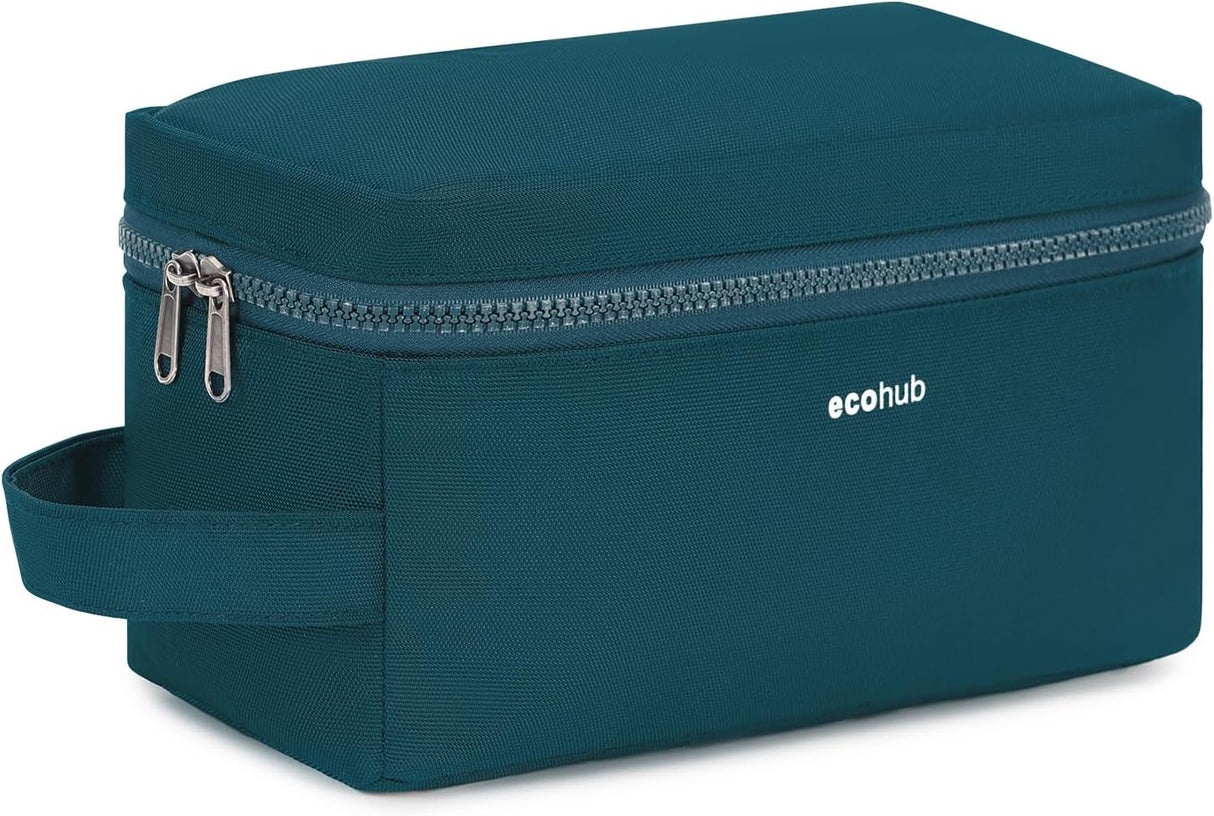 ECOHUB Water-Resistant Travel Toiletry Bag, Recycled Wet and Dry Separation Wash Bag, Dopp Kit Shaving Bag, Wide-Open Zipper Pouch Travel Toiletries Bag for Men, Patent Pending, Dark Blue.