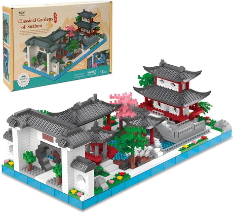 Suzhou Gardens Micro Building Block Set, Mini Chinese Architecture of Suzhou Garden with Cherry Blossom Tree Building Blocks Set, Mini House Building Bricks Kit for for Adults, Teens（1428 Pcs）.