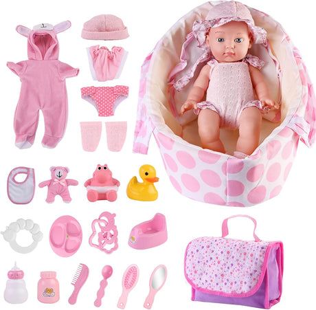 deAO 26PCS Baby Doll Set, Doll Accessories Toy Set with Carry Cot Bed Pillow, 4 Outfit Sets & Carrying Case, Pretend Play Doll Feeding Set with Doll Clothes for 3-6 Year Old Kids Girls Boys.