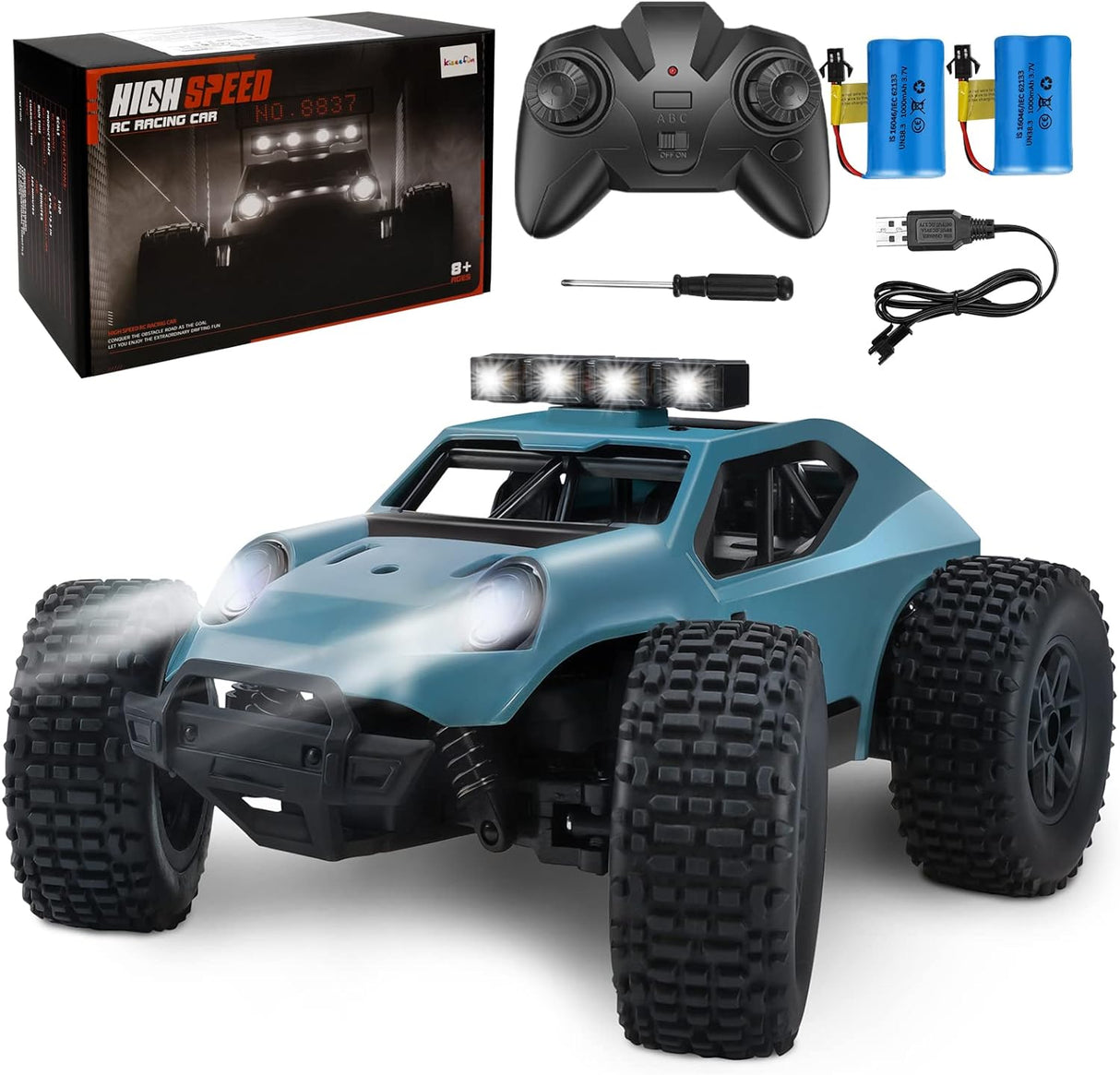 Kizeefun Remote Control Car for Boys, 2.4Ghz 1/20 RC Car Off-Road Vehicle 20km/h All Terrain Electric Toy Off-Road RC Car with 2 Batteries 50min Playtime and LED Headlight Toy for Kids.