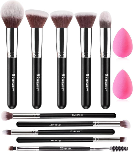 BEAKEY Diversity Make up Brushes 12Pcs Makeup Kit, Premium Synthetic Kabuki Foundation Face Powder Concealers Eyeshadow Blush Brushes Make up Brushes Set, with 2pcs Blender Sponges (Black/Silver).