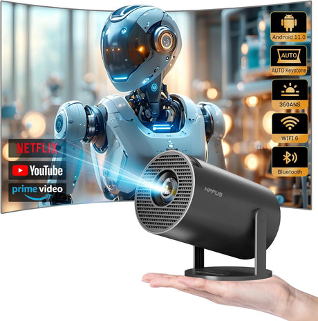 【Auto Keystone & Short Throw】HIPPUS Mini Projector with 2.4/5G Wifi and Bluetooth, Auto Keystone Correction Smart Projector with Android 11.0, 180 Degree Outdoor Portable Movie Projector, Grey.