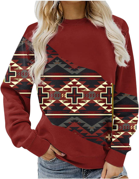 AMhomely Autumn Sweatshirt for Womens Clearance Vintage Long Sleeve Tunic Sweatshirt Teens Crewneck Pullover Jumper Aztec Printed Sportswear Tops Size 10-20 UK.