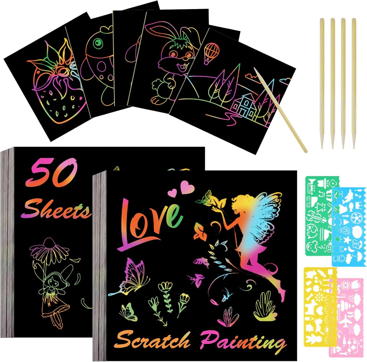 Vicloon Rainbow Scratch Art, 50Pcs Black Magic Scratch Art Notes Painting Boards Arts and Crafts for Kids with 4 Stencils 5 Wooden Stylus Birthday Gifts DIY Party Gift(8.5 * 8.5CM).