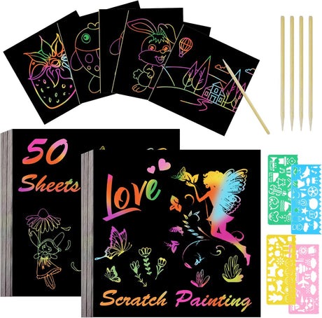 Vicloon Rainbow Scratch Art, 50Pcs Black Magic Scratch Art Notes Painting Boards Arts and Crafts for Kids with 4 Stencils 5 Wooden Stylus Birthday Gifts DIY Party Gift(8.5 * 8.5CM).