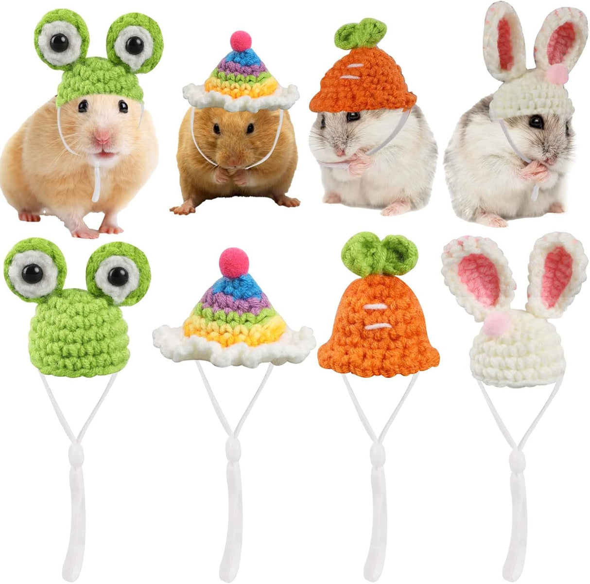 KALIONE 4 Pack Mini Hand Knitted Hats with Adjustable Strap Small Animals Mini Hat Cute Hamster Hat Cute Rainbow Bunny Carrot Tiny Hats for Guinea Pig Pets Holiday Party Costume Accessories.