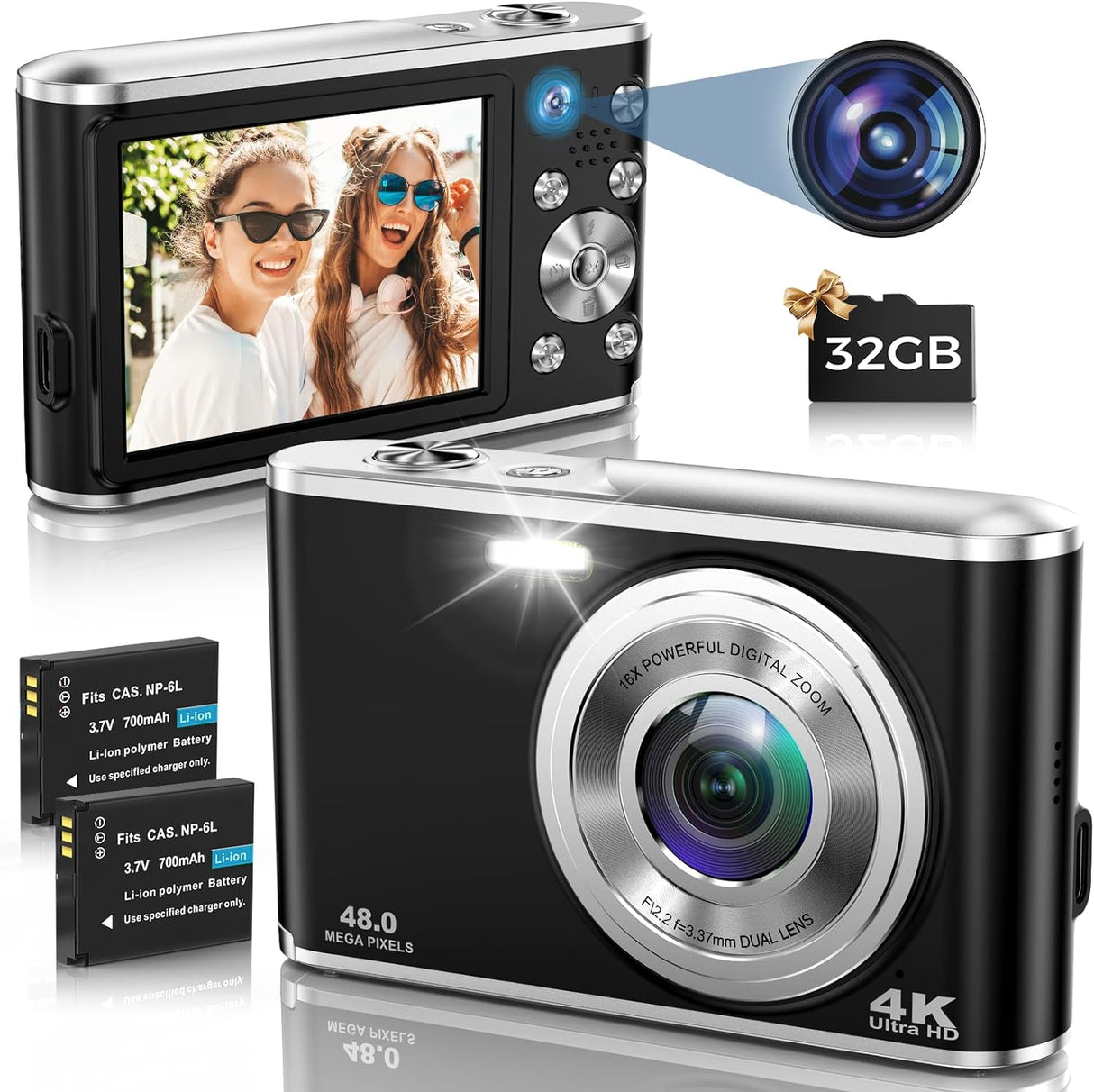 Digital Camera, 4K Autofocus Digital Camera with 32G Memory Card Front and Rear Dual Cameras, HD 48MP with 2.8" Large Screen, 16X Digital Zoom, Rechargeable Compact Camera for Beginners (Black).