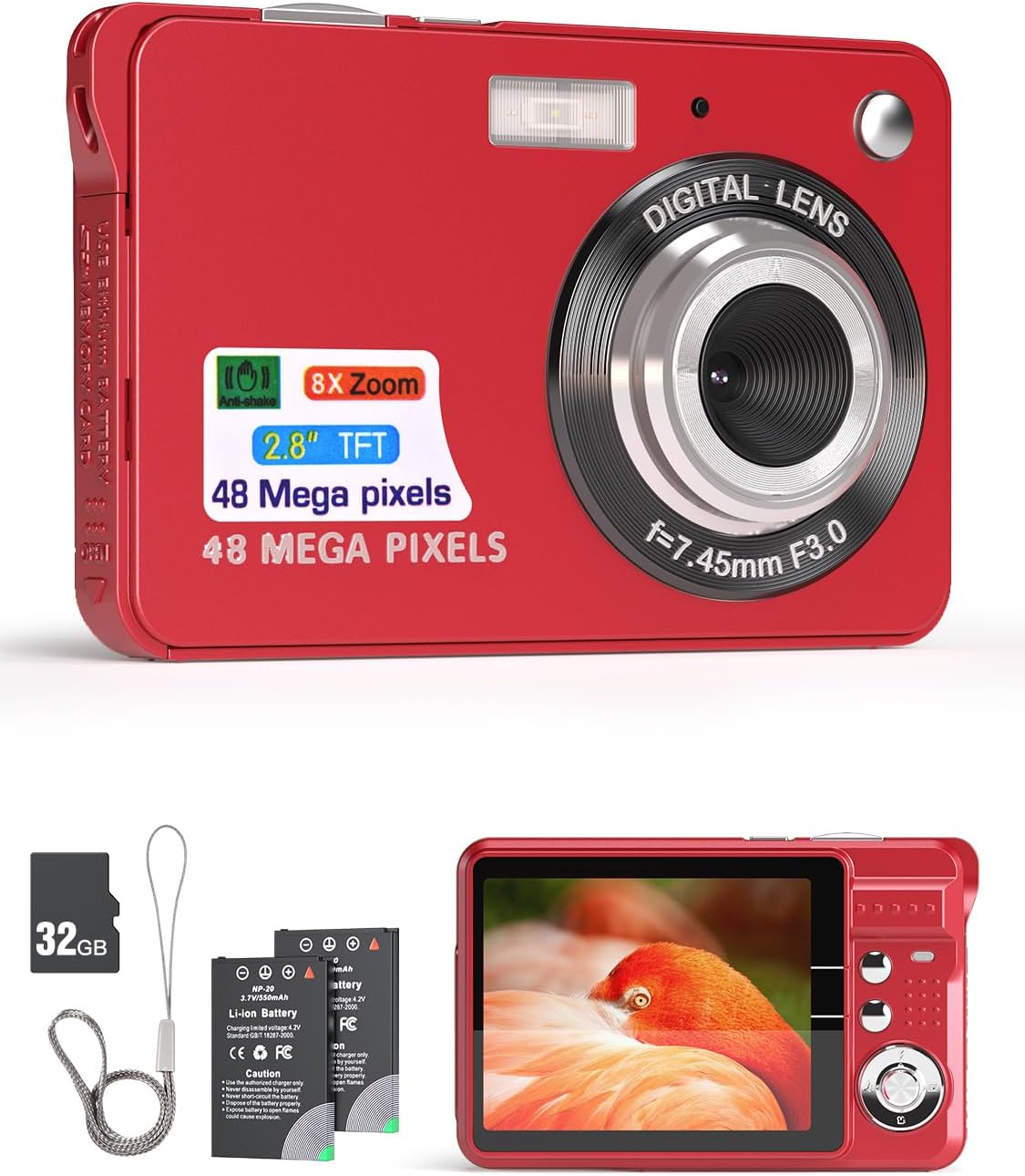 Andoer Digital Camera,Camera Digital Video Camcorder with 2 Batteries 8X Digital Zoom Anti-Shake 2.7 Inch LCD Camera for Adults/Seniors/Children/Teens-Red.