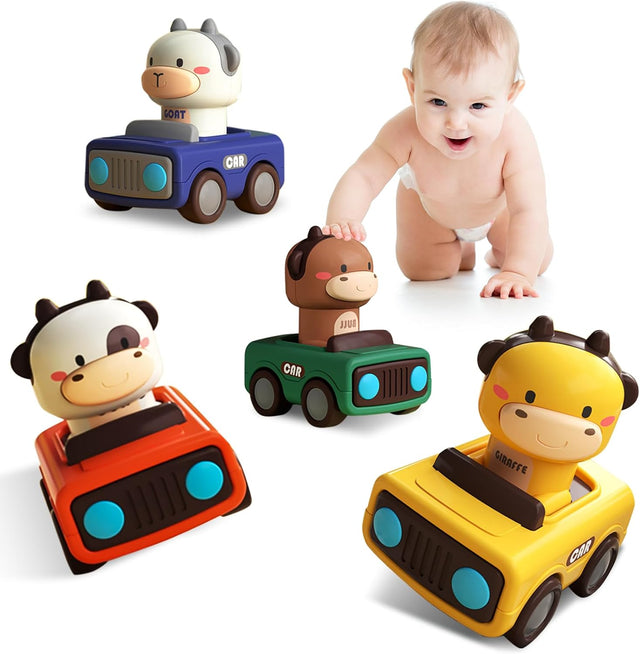 Lidasen Animal Car Toys for Toddlers, 4PCS Press and Go Car for Age 18 Months+, Baby Cartoon Wind up Cars, Infant Push Go Friction Car, Racing Cars Vehicle Set for Kids Boys Girls Birthday Gifts.