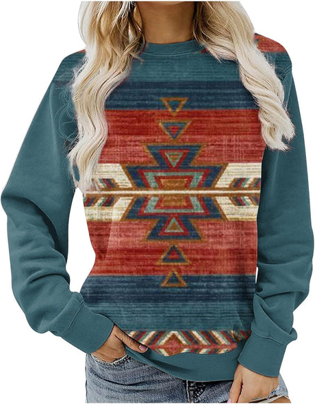 AMhomely Autumn Sweatshirt for Womens Clearance Vintage Long Sleeve Tunic Sweatshirt Teens Crewneck Pullover Jumper Aztec Printed Sportswear Tops Size 10-20 UK.