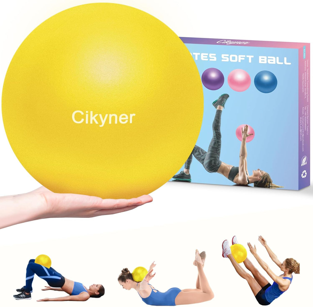 Cikyner Soft Pilates Ball, 23-25 cm Small Exercise Ball with Inflatable Straw, for Pilates, Yoga, Full Body Training, Improving Balance at Home in the Gym and in the Office.