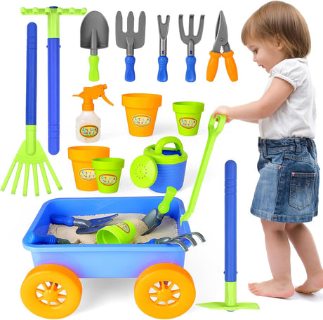 deAO Pull along Kids Wagon Wheelbarrow and Gardening Tools Play Set Includes 10 Accessories and 4 Plant Pots.