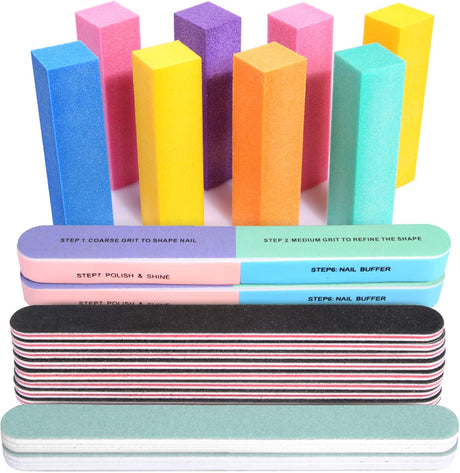 FANDAMEI Nail Files and Buffers, 100/180 400/4000 Grit Professional Manicure Tools Kit Rectangular Art Care Buffer Block Tools, 7 Ways Buffer Block for Trim, Polish and Shine Nail, 20Pcs/Pack.