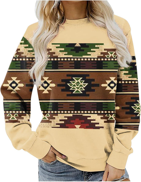 AMhomely Autumn Sweatshirt for Womens Clearance Vintage Long Sleeve Tunic Sweatshirt Teens Crewneck Pullover Jumper Aztec Printed Sportswear Tops Size 10-20 UK.