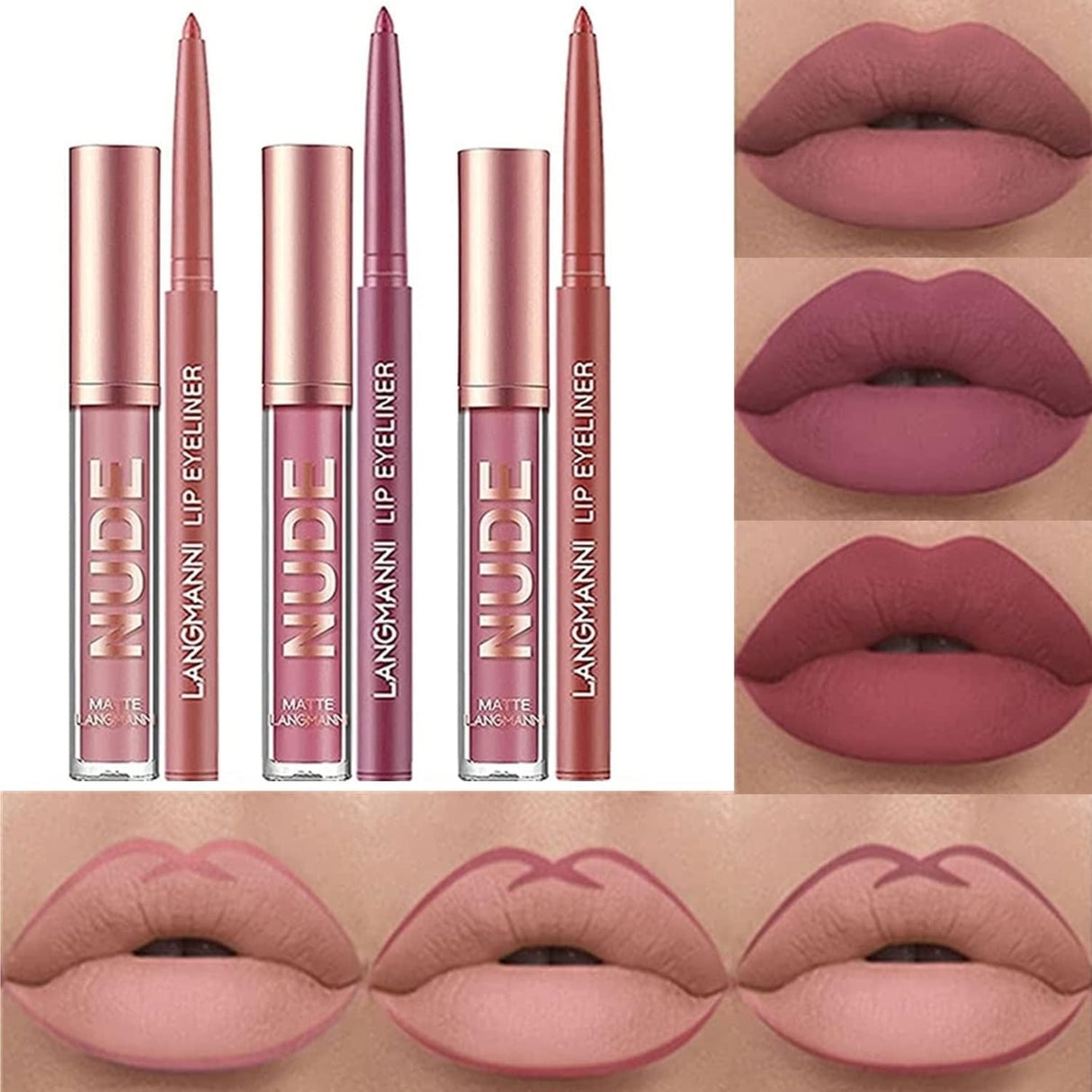 6Pcs Matte Liquid Lipstick Lip Liner Set Velvety Nude Lipstick Stay On 24 Hours Waterproof Non-Stick Cup Not Fade Liquid Lipstick Lipliner Make Up Gift Set (Set C).