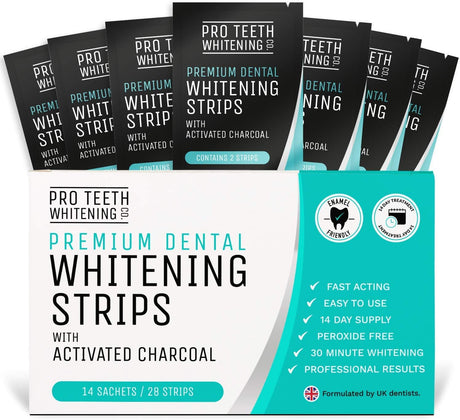 Premium Teeth Whitening Strips - 28 Peroxide Free Whitening Strips - Safe for Enamel - 14 Whitening Sessions - Non-Sensitive Formula - Activated Charcoal Teeth Whitening - Pro Teeth Whitening Co..