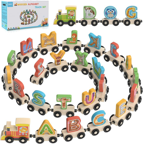 Achiyway 28Pcs Wooden Alphabet Train Toys with 2 Locomotives and 26 ABC Letter, Farm Animal Figure Cognition and Spelling Tools, Montessori Educational Car Games for 3 4 5 Year Old.