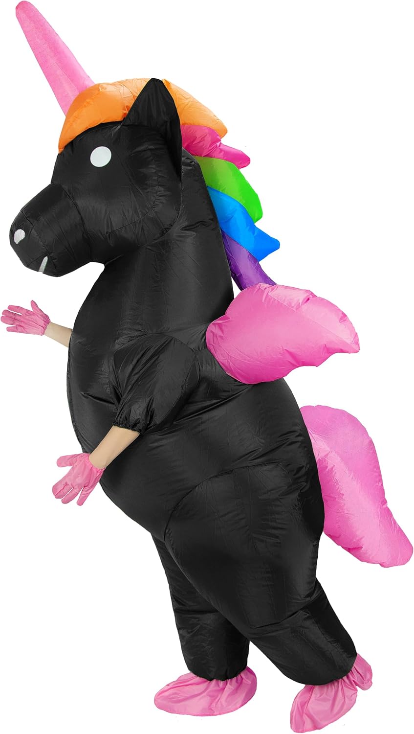 JYZCOS Winged Rainbow Blow Up Unicorn Costume Adult Size for Halloween Inflatable Suit.