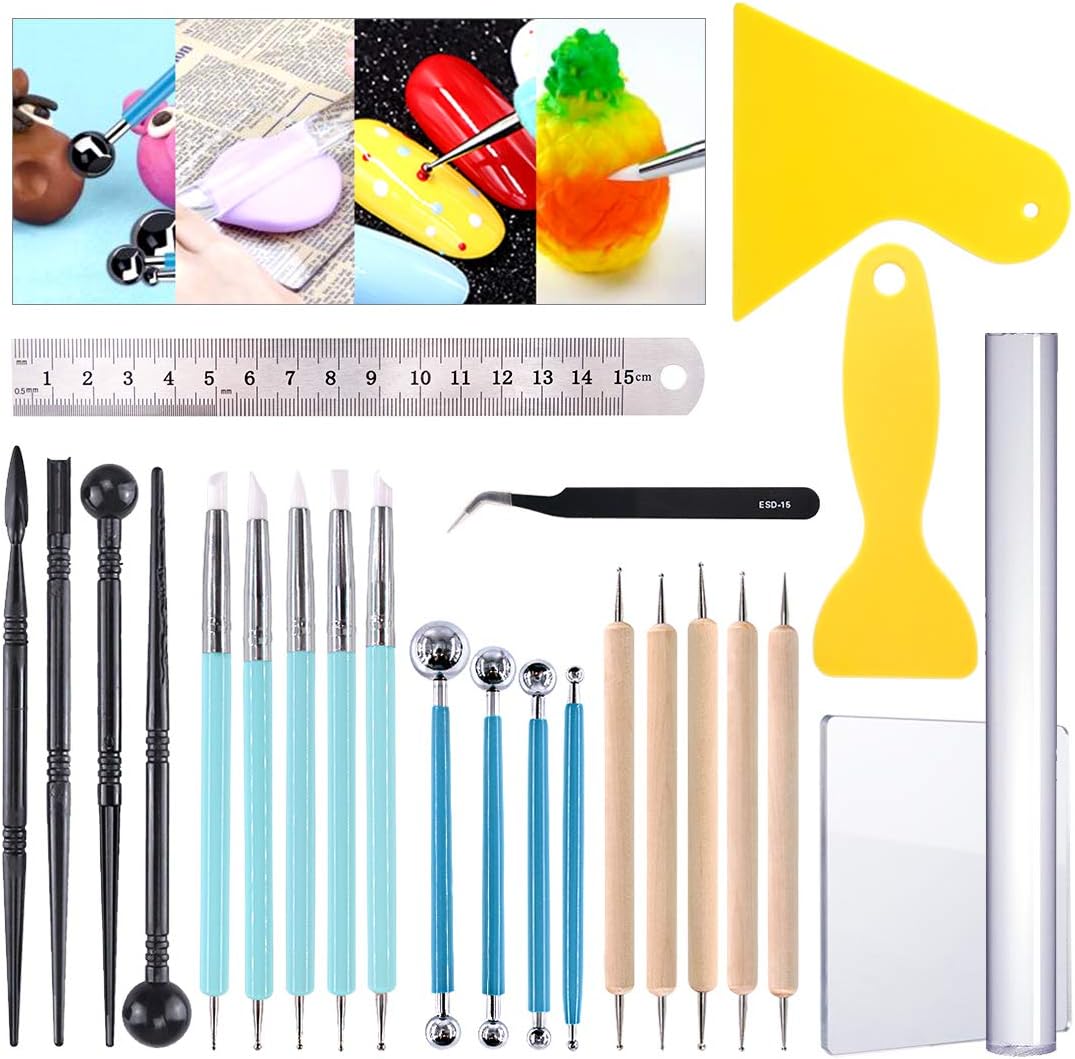 Glarks 22 Pieces Carving Modelling Clay Sculpting Tools Set Including Carving Modelling Tools kit, Plastic Modelling Tools, Ball Stylus for Embossing Art, Colouring, Nail Art Painting.