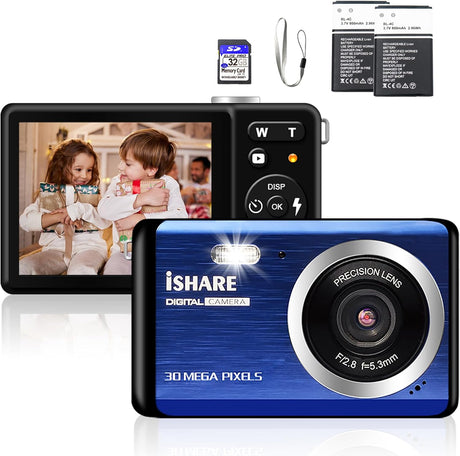 Digital Camera for Photography with 2 Batteries 32G Memory Cards,18X Digital Zoom 30MP Camera Point and Shoot Cameras,Small Camera for Kids/Adult/Elderly/Beginners(Blue).