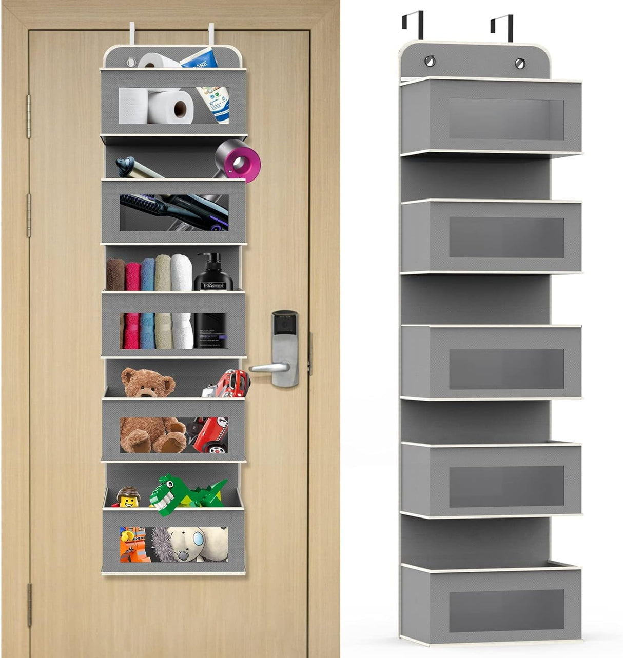 Aqash Over Door Storage Hanging Organiser - 5 Clear Window Pockets Organizer For Toys, Wallets And Towels, Grey (Grey).