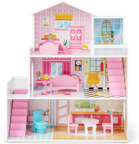 Maxmass 3-Storey Kids Dollhouse, Wooden Children Dolls House with Rich Furniture Accessories and Simulated Rooms, Large Toddlers Pretend Play DIY Dollhouse Gift for 3-7 Years Old (10 PCS, 5 Rooms).