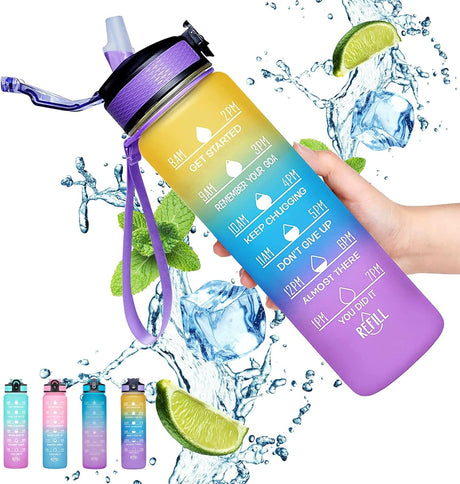 Gaiayhc Sports Water Bottle 1 L,Motivational with Time Marker and Straw,30oz Leakproof Design for Sports,Hiking,Gym,Fitness,Outdoor,Cycling,School & Office, Gradient Purple Blue.