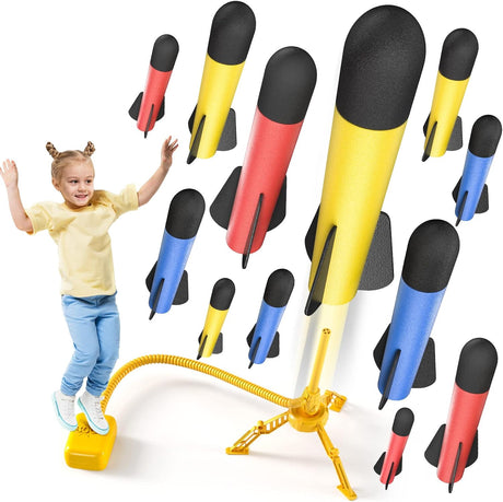 TEMI Rocket Launcher for Kids, 12 Foam Rockets and Stomp Launcher Pad, Launch up to 100+ft, Kids Outdoor Toys, Birthday Gift Toys for Kids Boys Girls Age 3 4 5 6 + Years Old.