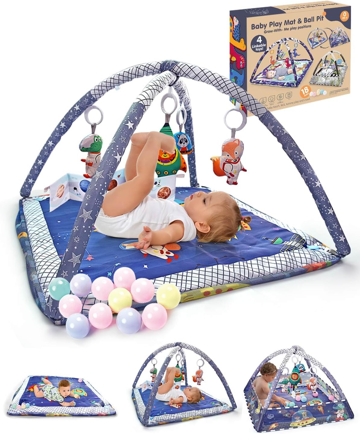 Trongle Baby Playmat, 0+ Months Baby Play Gym with 4 Hanging Toys and 18 Ocean Balls, Space Theme Baby Book, 2 in 1 Washable Soft Cotton Base, Foam Stand, Newborn Gifts (80x80x55).