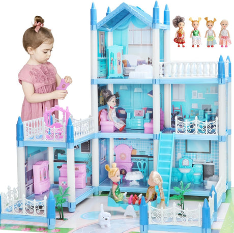 Doll House for Girls 3 4 5 6 7 8 Year Old - 3-Story 6 Rooms Dollhouse with 4 Dolls Light Accessories Furniture, DIY Pretend Dream House Toy Gift for Kids (20.5'' x 16'' x 18.7'').