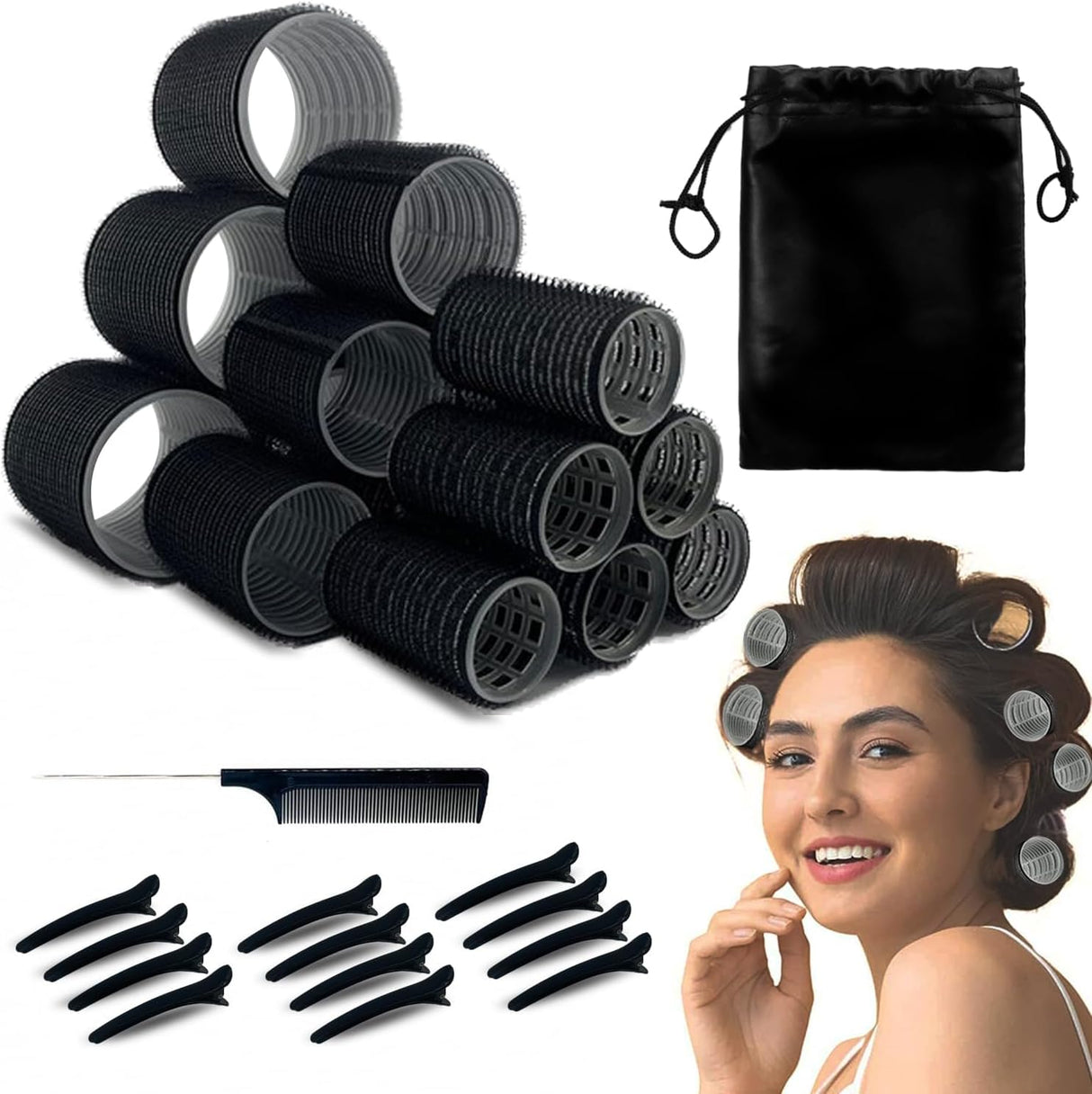 UoQo Hair Rollers for Long Hair, 32 Pcs Salon Hairdressing Curlers Rollers Set for Hair, Black Self Grip Hair Roller Kit with 12 Clips 1 Comb and A Large Storage Bag.