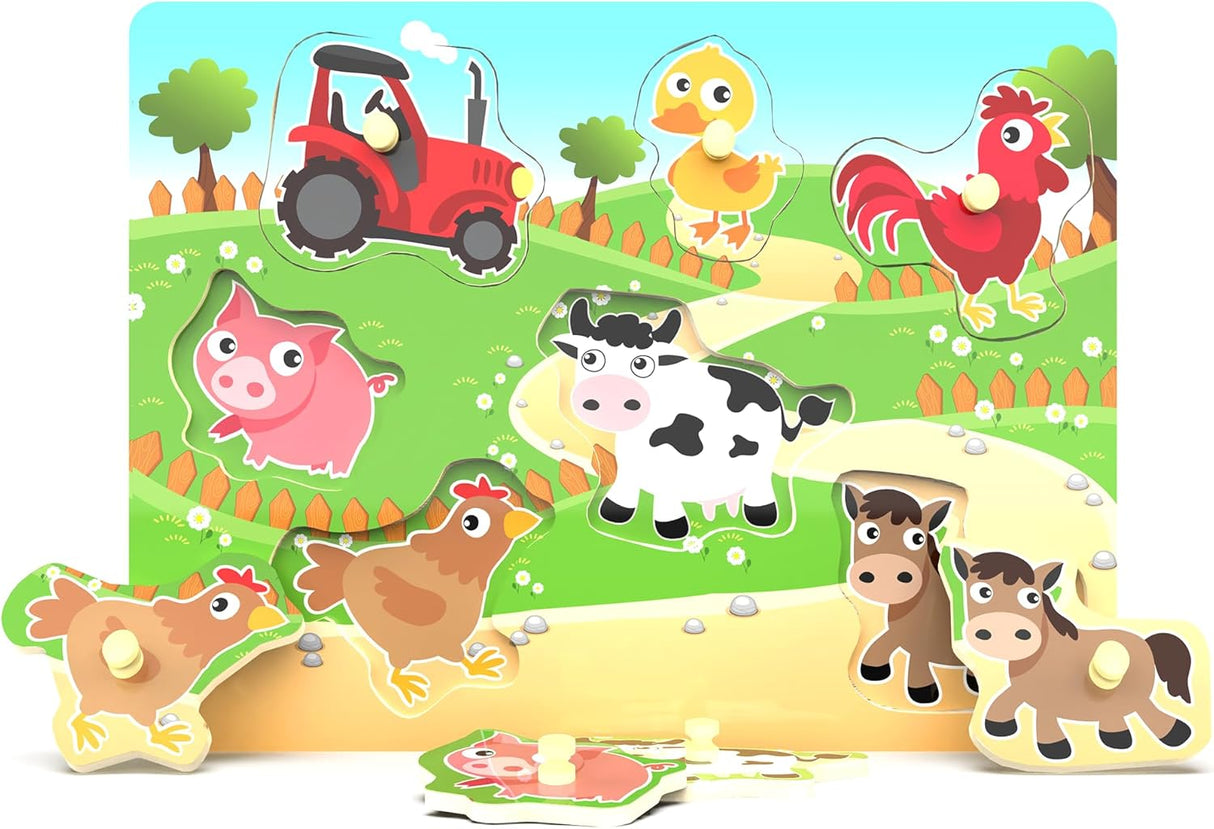 Wooden Puzzles Farm Chunky Baby Puzzles Peg Board, Full-Color Pictures for Preschool Educational Jigsaw Puzzles, 7Pieces.