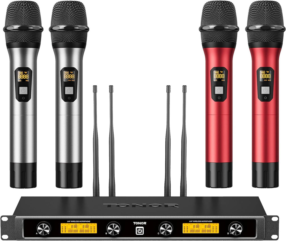 TONOR Wireless Microphone System, Quad Channel UHF Wireless Mic, Adjustable Frequency Metal Cordless Dynamic Handheld Mic, 4x5 Channels Auto Scan Ideal for Karaoke Singing Wedding Church, Silver&Red.