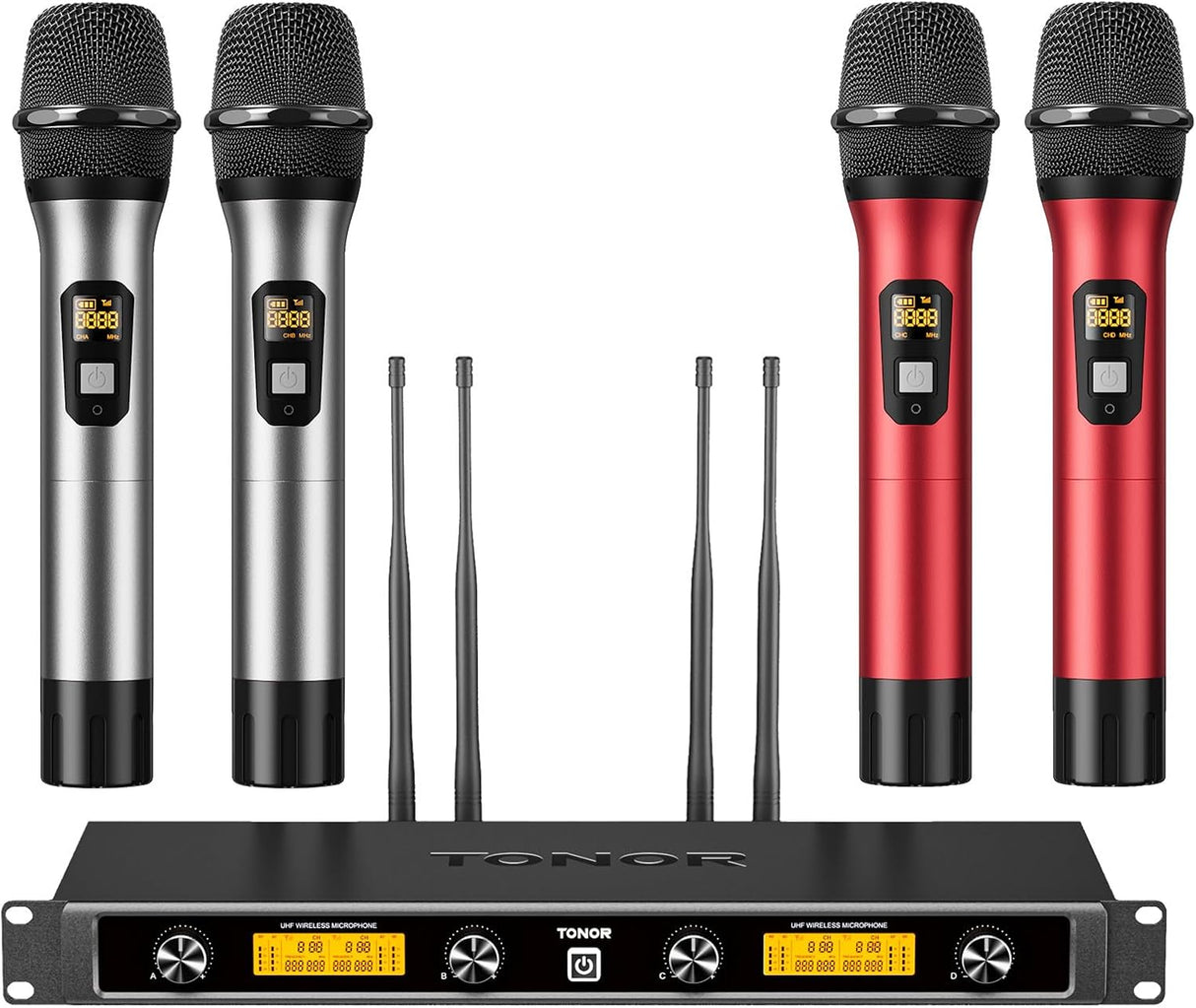 TONOR Wireless Microphone System, Quad Channel UHF Wireless Mic, Adjustable Frequency Metal Cordless Dynamic Handheld Mic, 4x5 Channels Auto Scan Ideal for Karaoke Singing Wedding Church, Silver&Red.