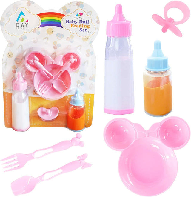 Baby Dolls Feeding Accessories with Two Magic Milk Bottles, Dummy, Plate, Fork and Spoon, Great Pretend Play Nurturing Accessories Toy Gift for Kids.