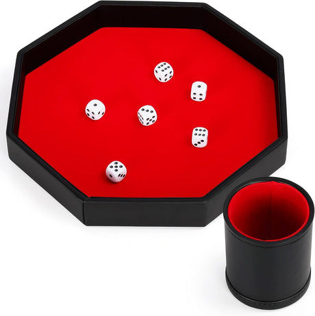 Belle Vous Black PU Leather and Red Velvet Octagon Rolling Dice Storage Tray with Cup & Dice - Dice Holder Box for Tabletop Games Like RPG and DND/D&D with Matching Cup - Catchall Tray for Jewellery.