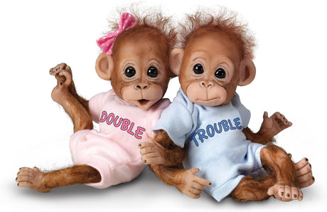 The Ashton - Drake Galleries 'Double Trouble' - Poseable Lifelike Newborn Baby Orangutan Twin Realistic Dolls By Cindy Sales..